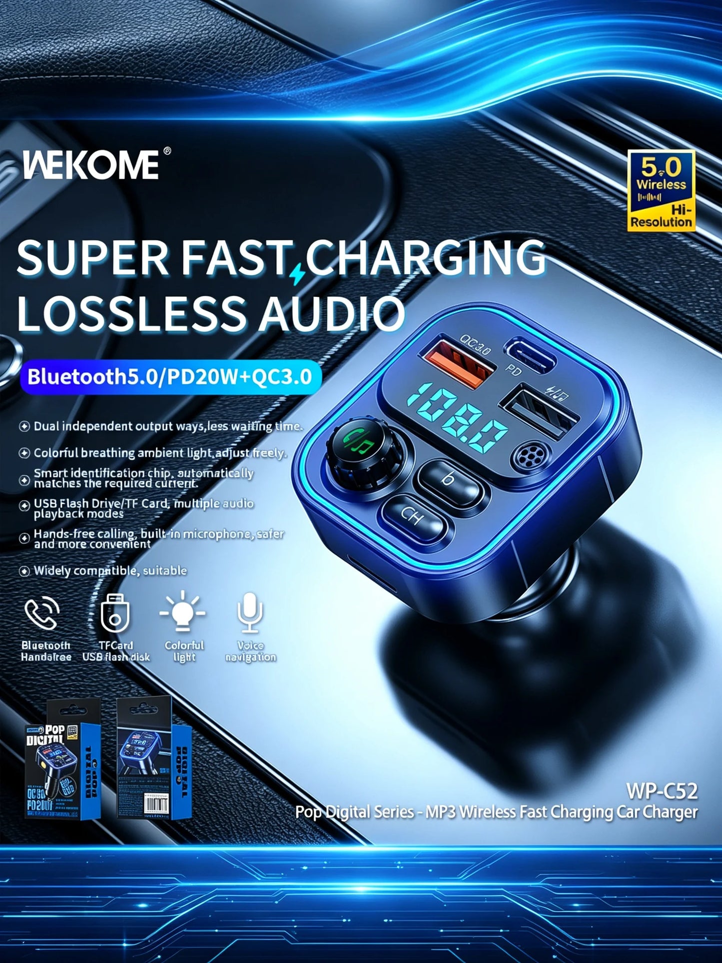 WEKOME Dual USB Fast Charging 7 Color LED Atmosphere Light Bluetooth Hands Free Car FM Transmitter with U Disk TF Card Playback