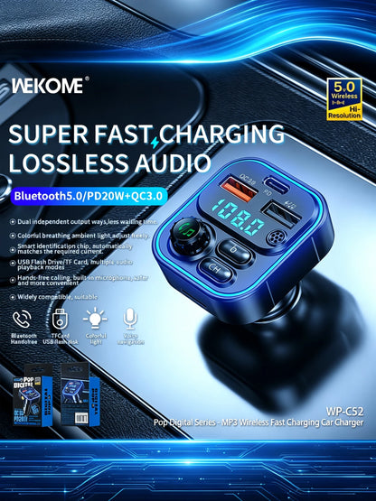 WEKOME Dual USB Fast Charging 7 Color LED Atmosphere Light Bluetooth Hands Free Car FM Transmitter with U Disk TF Card Playback