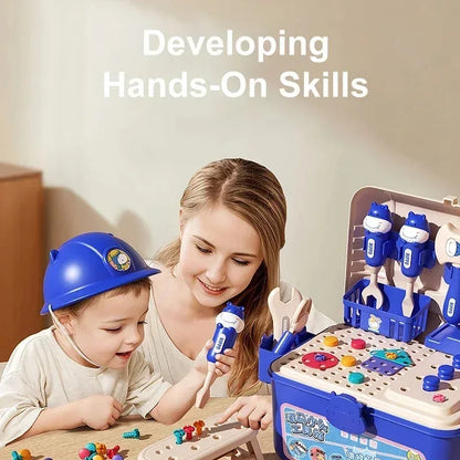 Kids pretend play hippo repair toolbox with simulation electric drill, screw tightening, take-apart & assembly play set.