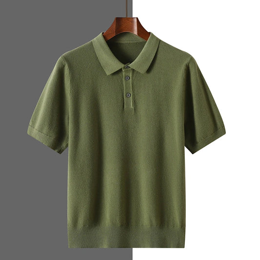 Summer 100% merino wool men's lapel pullover short sleeve POLO neck sweater loose top knitted clothing plus size T-shirt