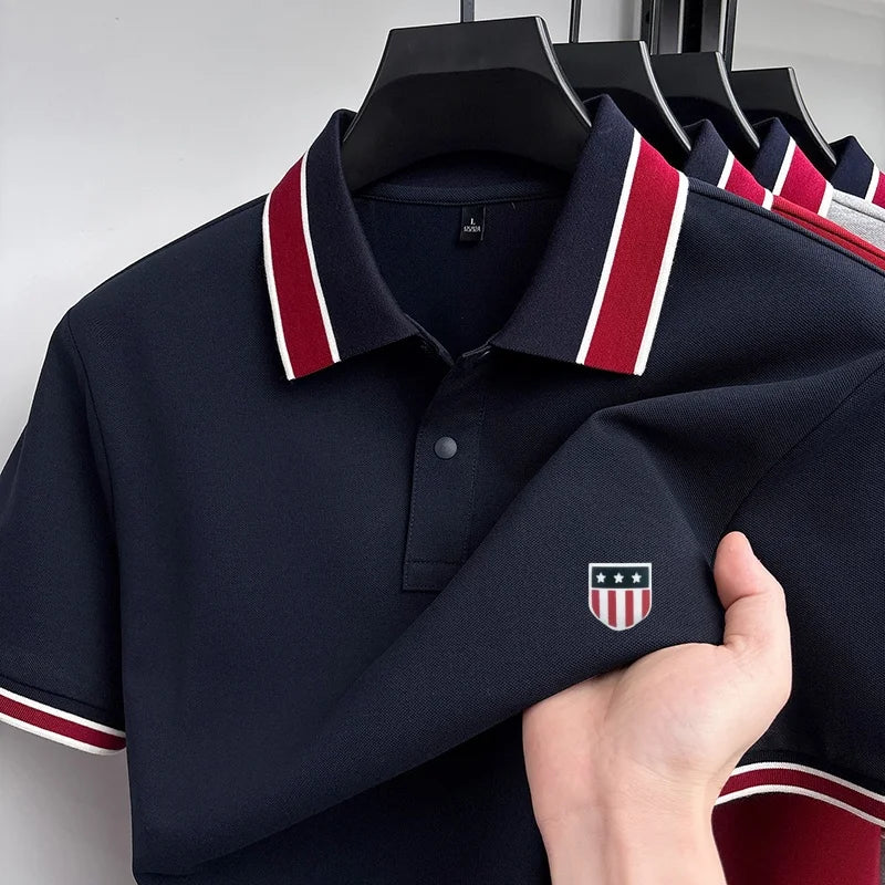 Hot-Selling Man Pullover Short-Sleeved Polo Shirt Striped Design Lapel Button High Quality Stamp Daily Commute New Mens Clothing