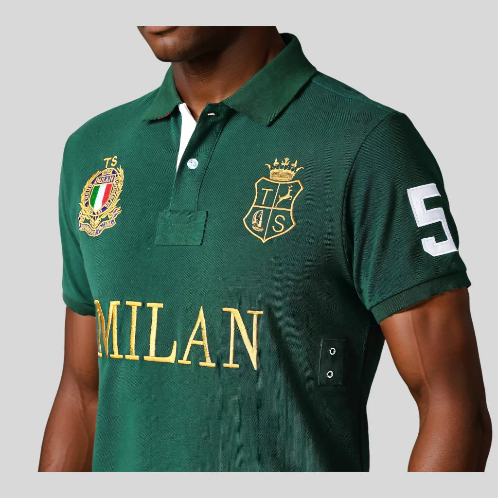 Men's High-Quality Cotton Polo Shirt ITALY GREEN Cotton Embroidered 'MILAN' Symbol Leisure Sport New Year's Gift for Men