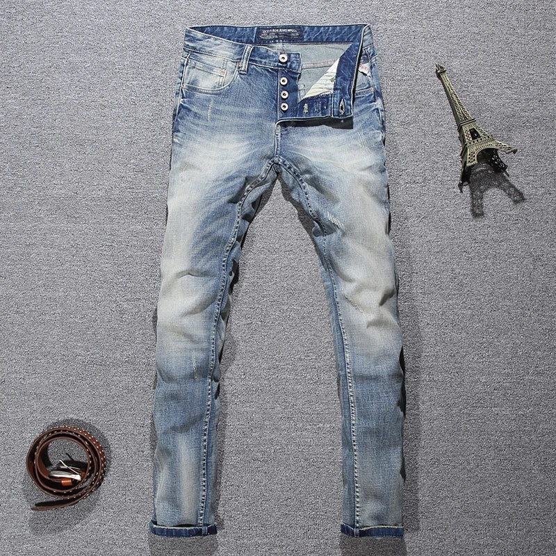 Hombrefashion Y2K Men's Slim Fit Jeans Light Blue Nostalgic Stretch Designer High-Quality Pants for Laundry