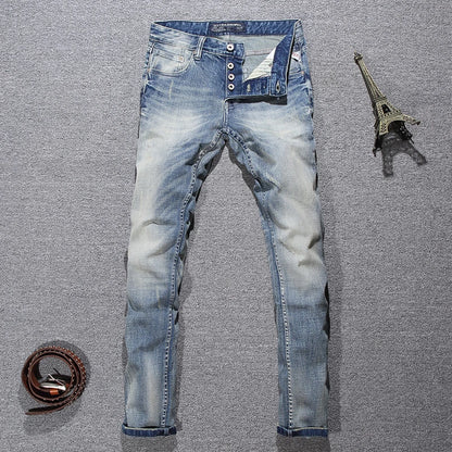 Hombrefashion Y2K Men's Slim Fit Jeans Light Blue Nostalgic Stretch Designer High-Quality Pants for Laundry