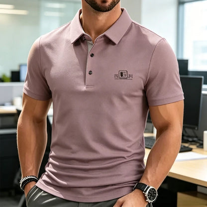 Men's Business Ice Silk Work Shirts Summer Badge Solid Color Polo Shirt Office Wear Man Breathable Comfortable Versatile Tops