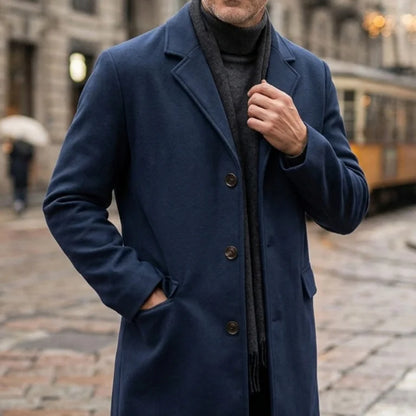 Winter Men's Wool Blend Trench Classic Single-Breasted Business Casual Outerwear Street Overknee Coat Windproof Lined Office