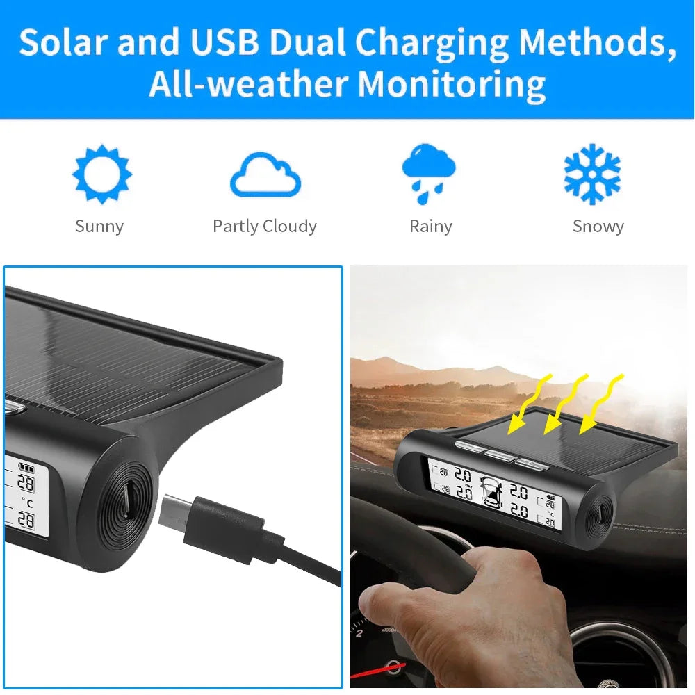 Solar Power TPMS Tire Pressure Alarm Digital Display With 4 External Sensors Car Auto Tester Warning Presssure Monitoring System