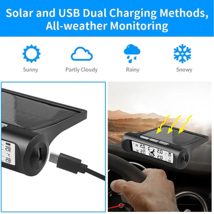 Solar Power TPMS Tire Pressure Alarm Digital Display With 4 External Sensors Car Auto Tester Warning Presssure Monitoring System