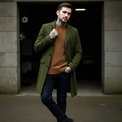 Men's Woolen Blend Single-Breasted Overcoat Winter Warm Long Coat Street Fashion Solid Color Jacket