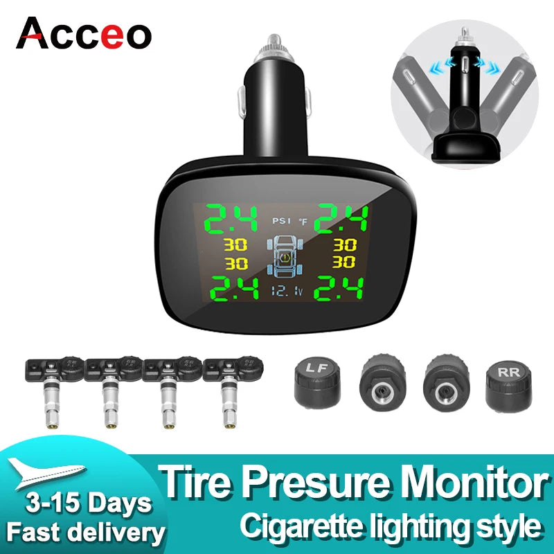 ACCEO TPMS Wireless Cigarette Lighter Tire Pressure Monitoring System USB Output Tire Pressure Monitor Temperature/Tire Warning