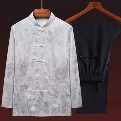Men's Long Sleeve Ice Silk Tai Chi Suit Traditional Chinese Hanfu Vintage Style Tang Costume Elderly Fashion Dad's Clothing