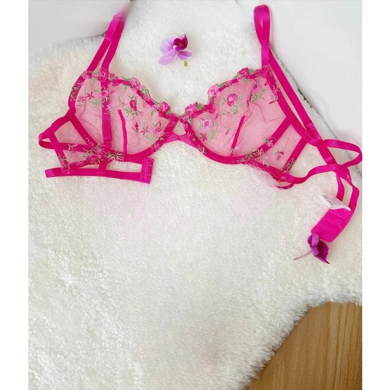 Sweet Sexy Lace Lingerie Set, Floral Embroidery Sheer Mesh, Thin Cooling, Big Bust Relief, Japanese Daily Women Underwear 32-38