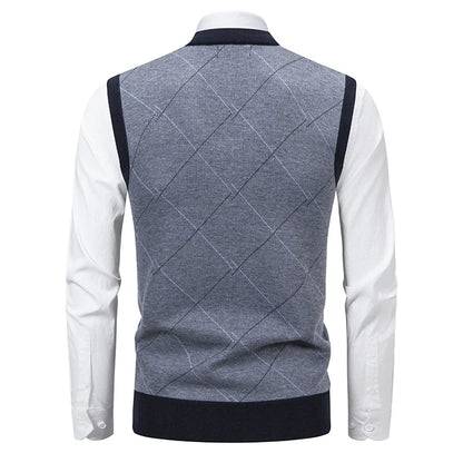 Men's V-neck Knitted Sweater Warm Autumn Winter Diamond Grid Twisted Flower Casual Fashion Versatile Knit Top