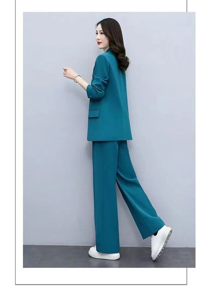 Spring 2026 plus Size Suit Set Loose Wide Leg Pants Two Piece Set Korean Style Commute Casual High Waist Polyester Fiber