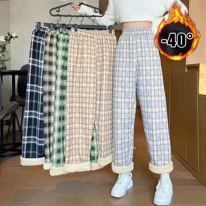Shearling Lined Plaid Pants Women Winter High Waist Flared Trousers Straight Leg Warm Fleece Thermal Bottoms for Women Casual