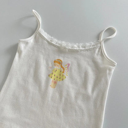 Cute Cartoon Lace Trim Tank Tops Women Summer New Slim Cotton Sleeveless Vests Vintage Sweet Preppy Style Camisole Y2K Clothes