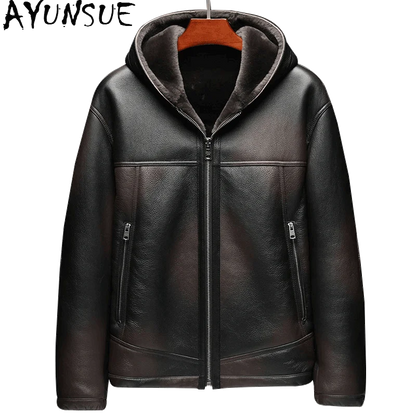 AYUNSUE Men Fur Coat Luxury Genuine Leather Jacket Men Winter Mens Clothing Casual Warm Natural Sheepskin Fur Jacket Hooded