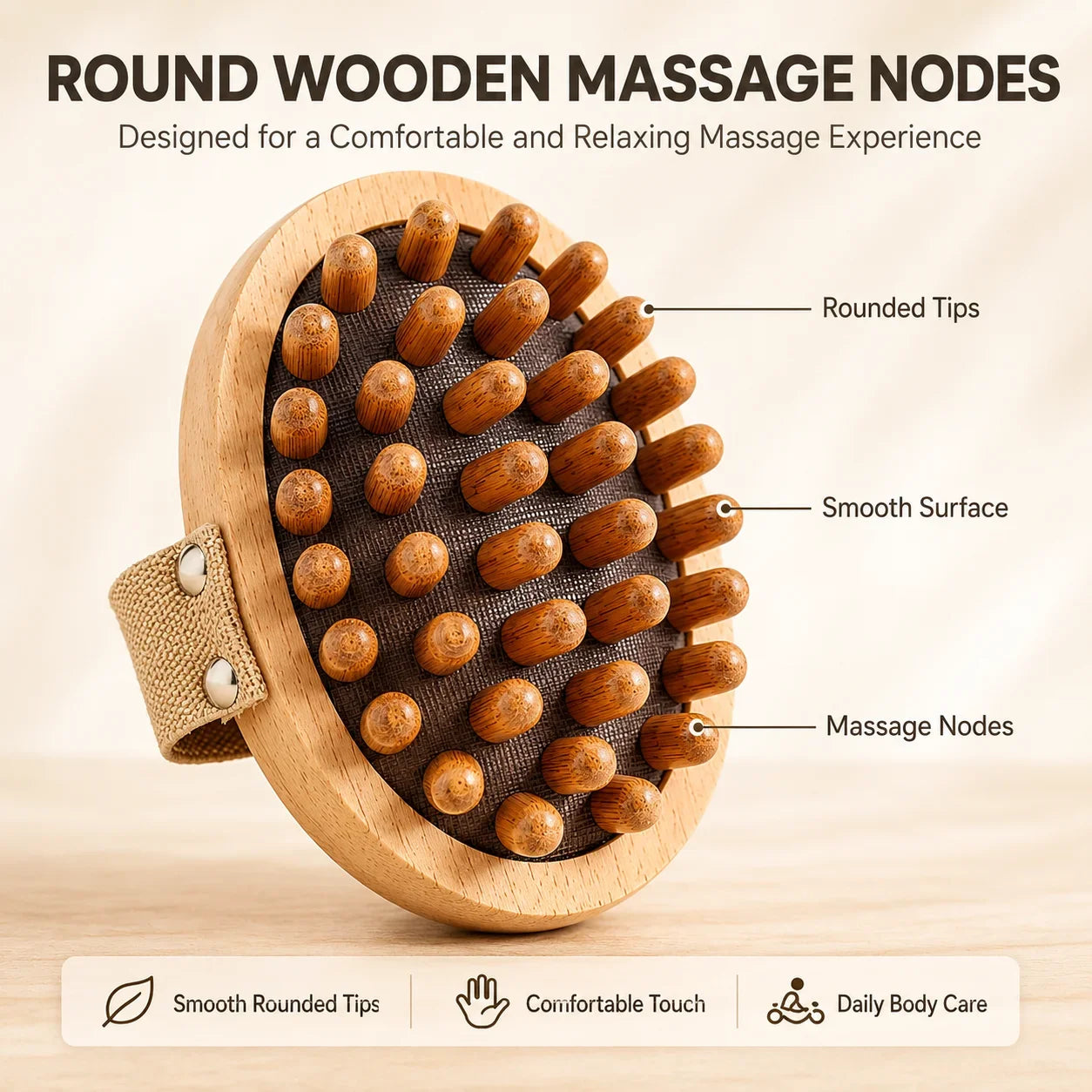 Wooden Body Massage Brush Handheld Massager with Strap, Natural Wood Massage Tool for Back Legs Waist Relaxation Home Spa Care
