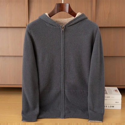 Double-Sided Cashmere Hooded Cardigan For Men Autumn And Winter Wearing Sweater Thickened Pure Wool Knitted Loose Zipper Coat