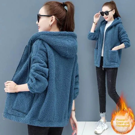 Lamb Velvet Jacket with Hood Women's Fleece Lined Thickened Sweatshirt Casual Top Pure Color Versatile Long Sleeve Regular Le...