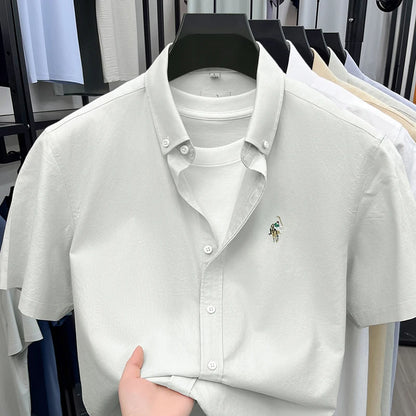 High-end Embroidered Summer 100% Cotton Short-sleeve Shirt for Men, Embroidered Youth Shirt, Business Casual Half-sleeve