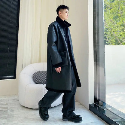 New Faux Fur-Lined Trendy Warm Winter Men's Coat Faux Fur Jacket  Fleece Lining Thickened Long Trench Coat Faux Leather Jacket