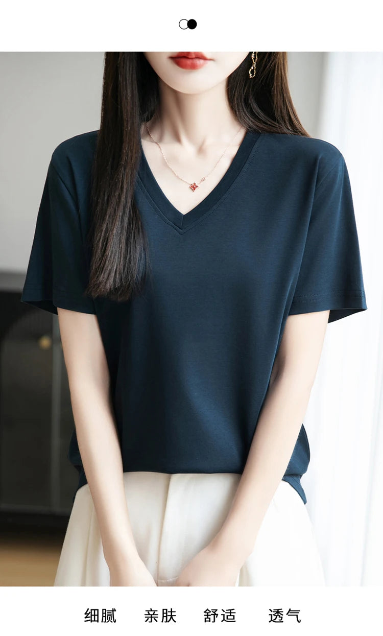 2026 Summer New Pure Cotton V-neck Short-sleeved T-shirt Women's Solid Color Joker Pullover Shirt with Loose Sleeve Bottom Shirt