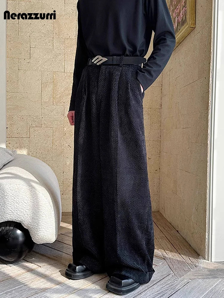 Nerazzurri Spring Autumn Long Velvet Wide Leg Pants for Men High Waist Loose Casual Flowy Soft Luxury Menswear Clothing 2026