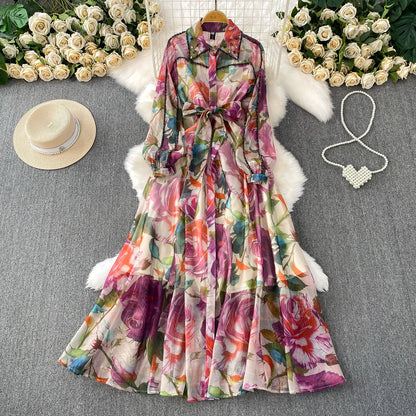 Gemstone Embedded Diamond Collar Dr Women's Autumn Slimming Beautiful Holiday Print Full Skirt Long Dr