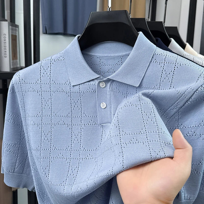 Summer Knitted Short-Sleeved Polo Shirt Lapel Button Argyle Pinhole Casual Breathable Old Money Style Solid Color Mens Clothing
