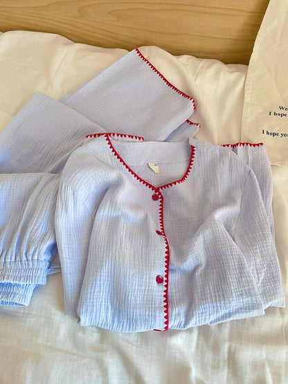 Casual Cotton Pajamas Long Sleeve Sleepwear Women's Spring Autumn Style Comfortable Home Clothes Set Wide Leg Pants Outfit