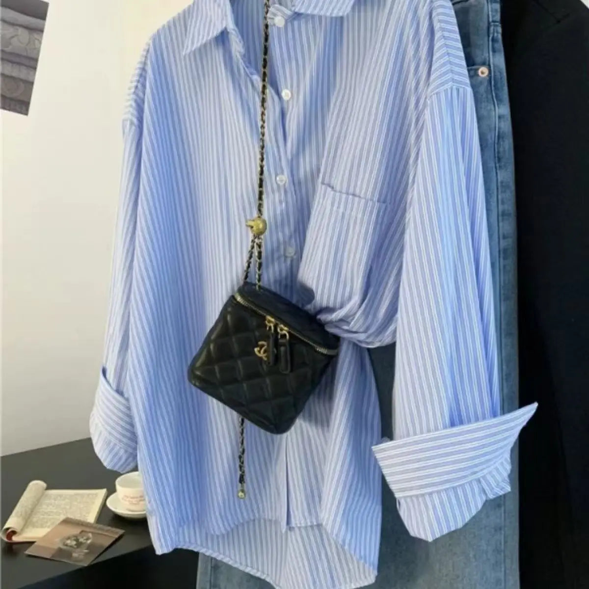 Retro Lazy Sle Blue Striped Women's Long Sve irt Spring Autumn Design Sense Small ence Outerwear Blouse