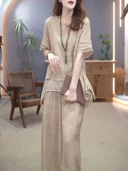 Retro Cotton Linen Set Women's Summer 2026 New Ethnic Style Loose Slimming Belly Covering Two-Piece Set Fashionable Casual Wear