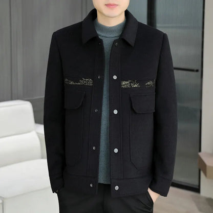 Classic Solid Color Woolen Jacket for Men Winter Thick and Warm Casual Business Trench Coat Fashion Slim Fit Streetwear Overcoat