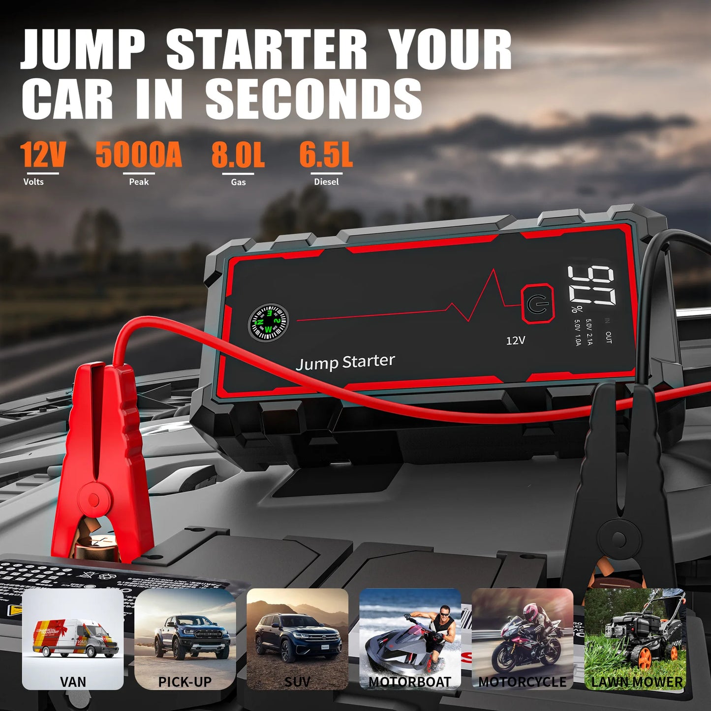 12V Portable Jump Starter Car 5000A Battery Car Starter Self-driving Flame Off and Electric TreasureFor 8-10L Petrol Diesel Car