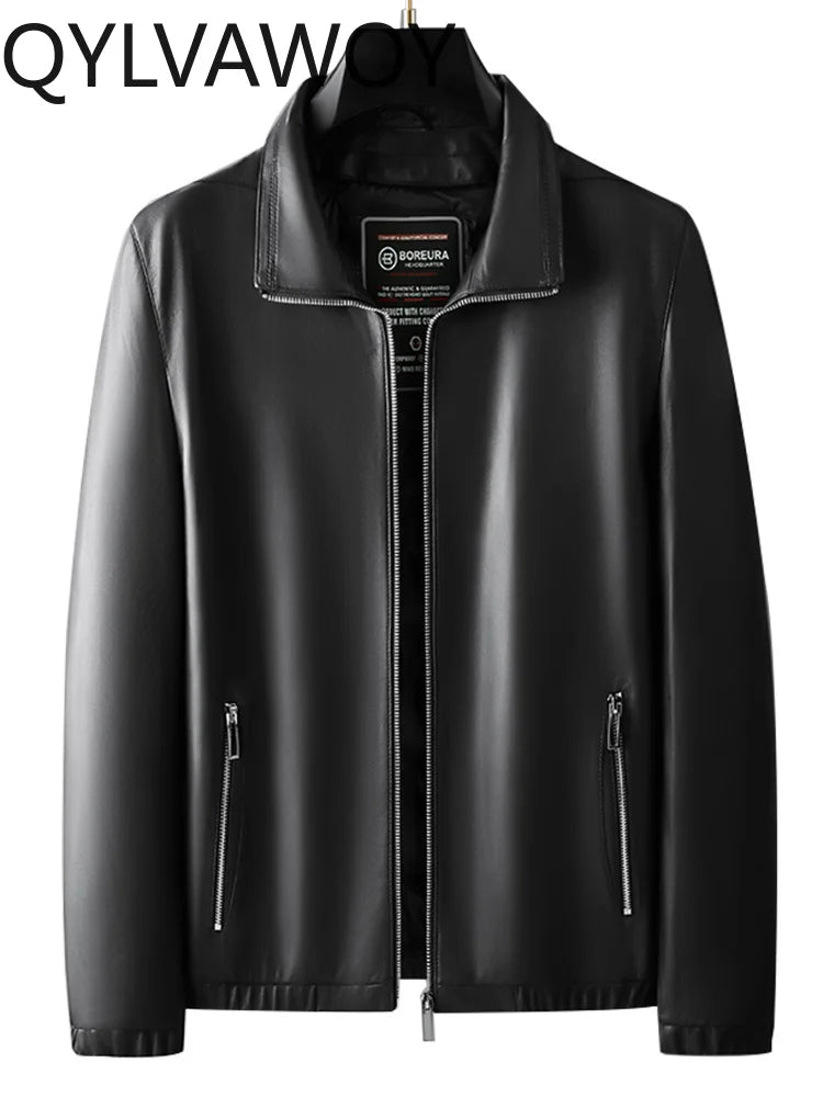 QYLVAWOY 2025 Winter New Real Leather Men's Leather Jacket Thickened Removable Goose Down Stand-Up Collar Blue Outerwear LJ2635