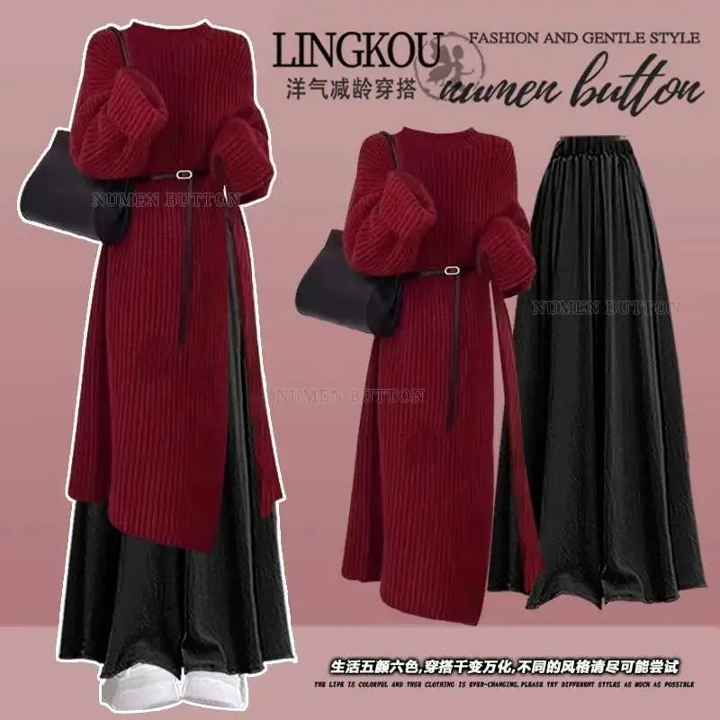 Fall Fashion High Waist Knitted Sweater Long Skirt Wide Leg Pants Two Piece Set Elegant Sweet Style plus Size Women's Suit