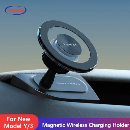 NovaAcc Magnetic Wireless Charging Mount For Tesla Model Y Juniper Model 3 Highland 2024-2026 Left Right Rudder Car Phone Holder
