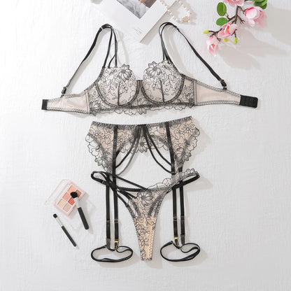 Sexy Fashion Exotic Costumes Lace Mesh see-through Erotic Hollowed Out Temptation Luxury Ladies Underwear Panty four-piece Set