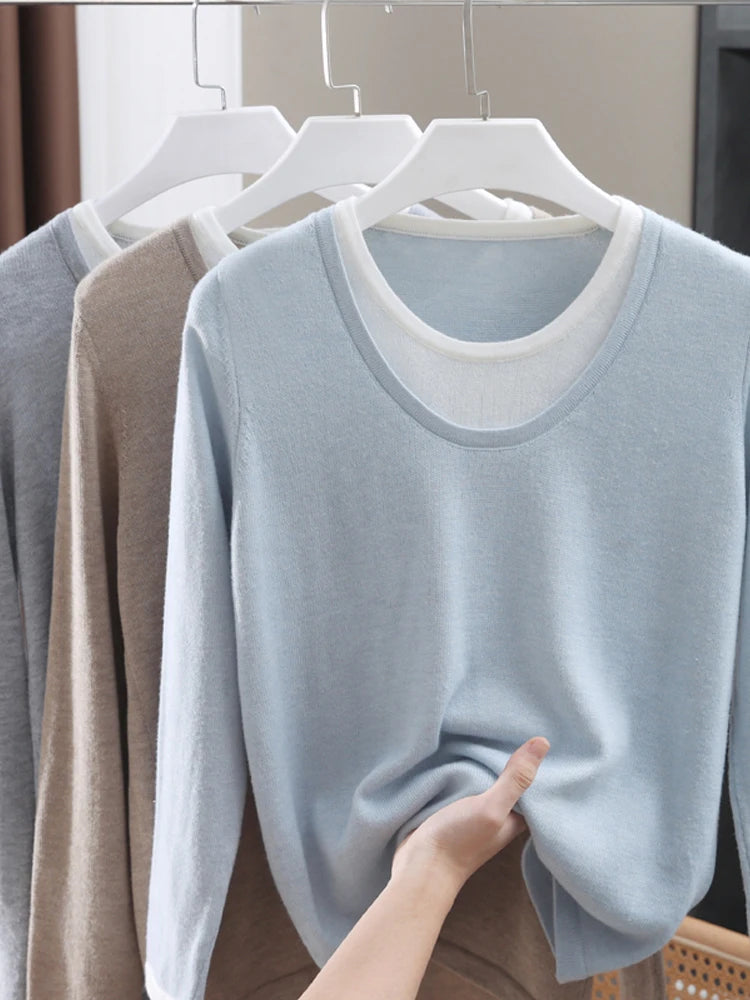 Casual Spring Autumn Women T-Shirts Merino Worsted Wool Female Knitted Pullover Long Sleeve Soft Clothing Tops Thin Outerwears