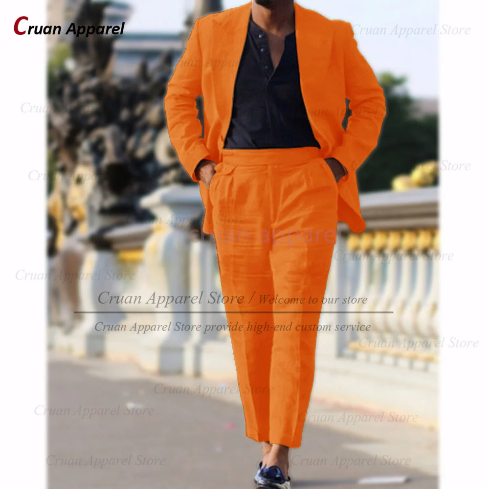 Classic Summer Linen Suit Sets For Men Smart Casual Blazer And Pants 2 Pieces Formal Evening  Fashion Slim Fit Suit Attire