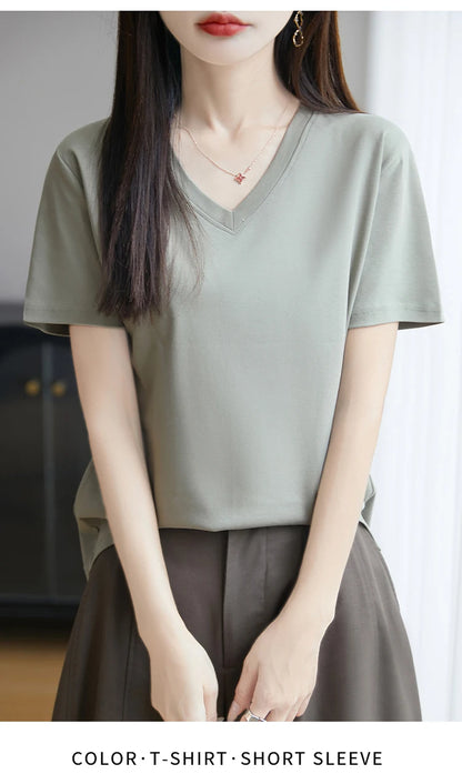 2026 Summer New Pure Cotton V-neck Short-sleeved T-shirt Women's Solid Color Joker Pullover Shirt with Loose Sleeve Bottom Shirt