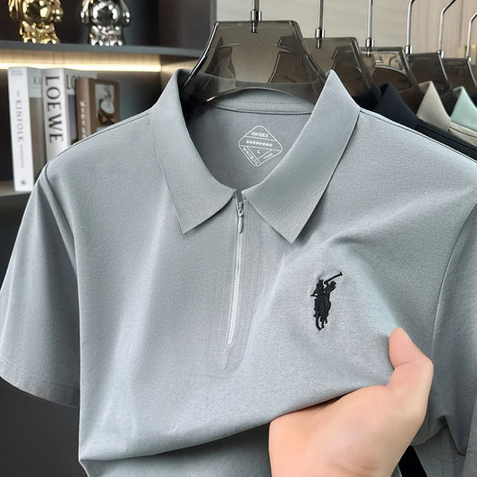 Summer New Ice Silk Cool Short Sleeved Polo Shirt, Skin Friendly, Breathable, Lapel Zipper, Business Casual T-shirt for Men