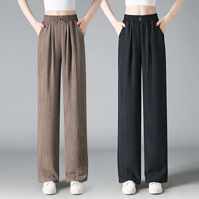 Ice Silk Slim Wide Leg Pants Women's Summer Drapey High Waist Straight Casual Lazy Floor Length Pants Cool Pants
