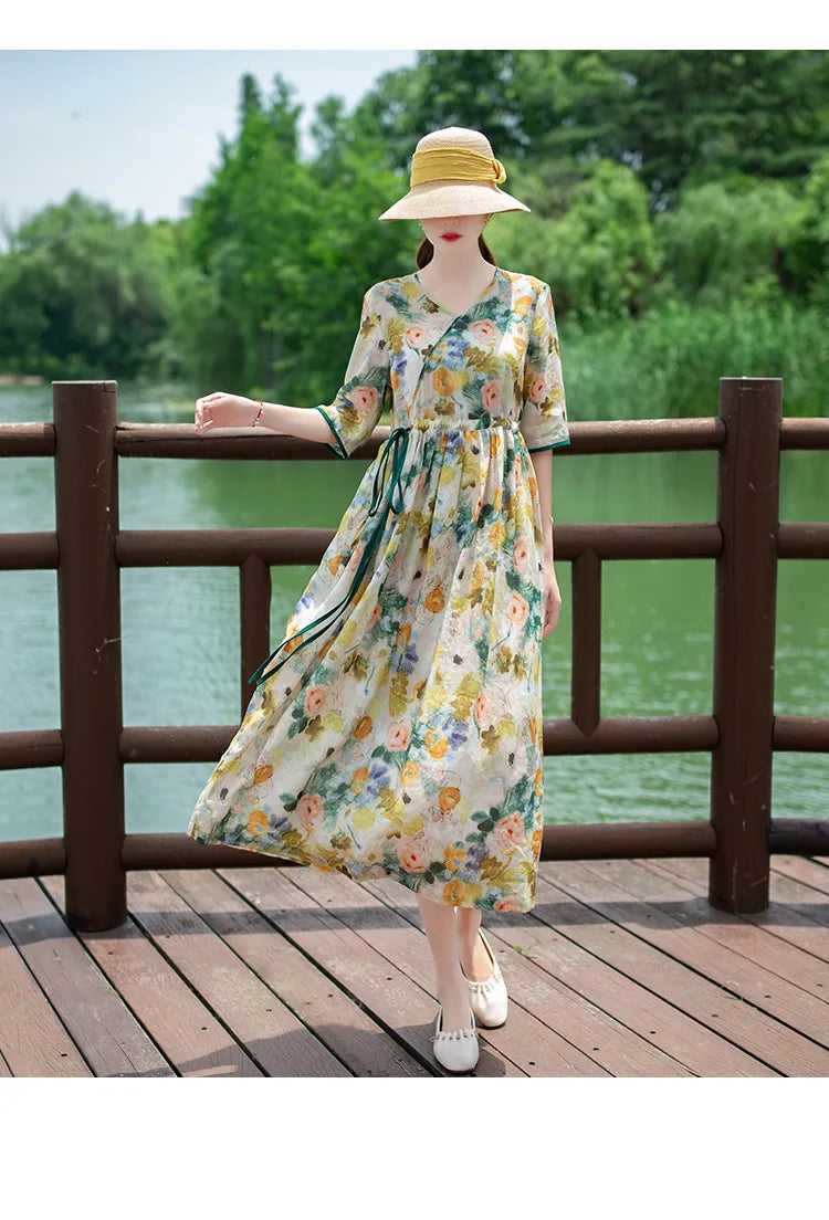 Women's Long Skirt Drawstring Waist Hemp Print A-Line Dress Korean Style Commute Flower Pattern V-Neck Summer Dress