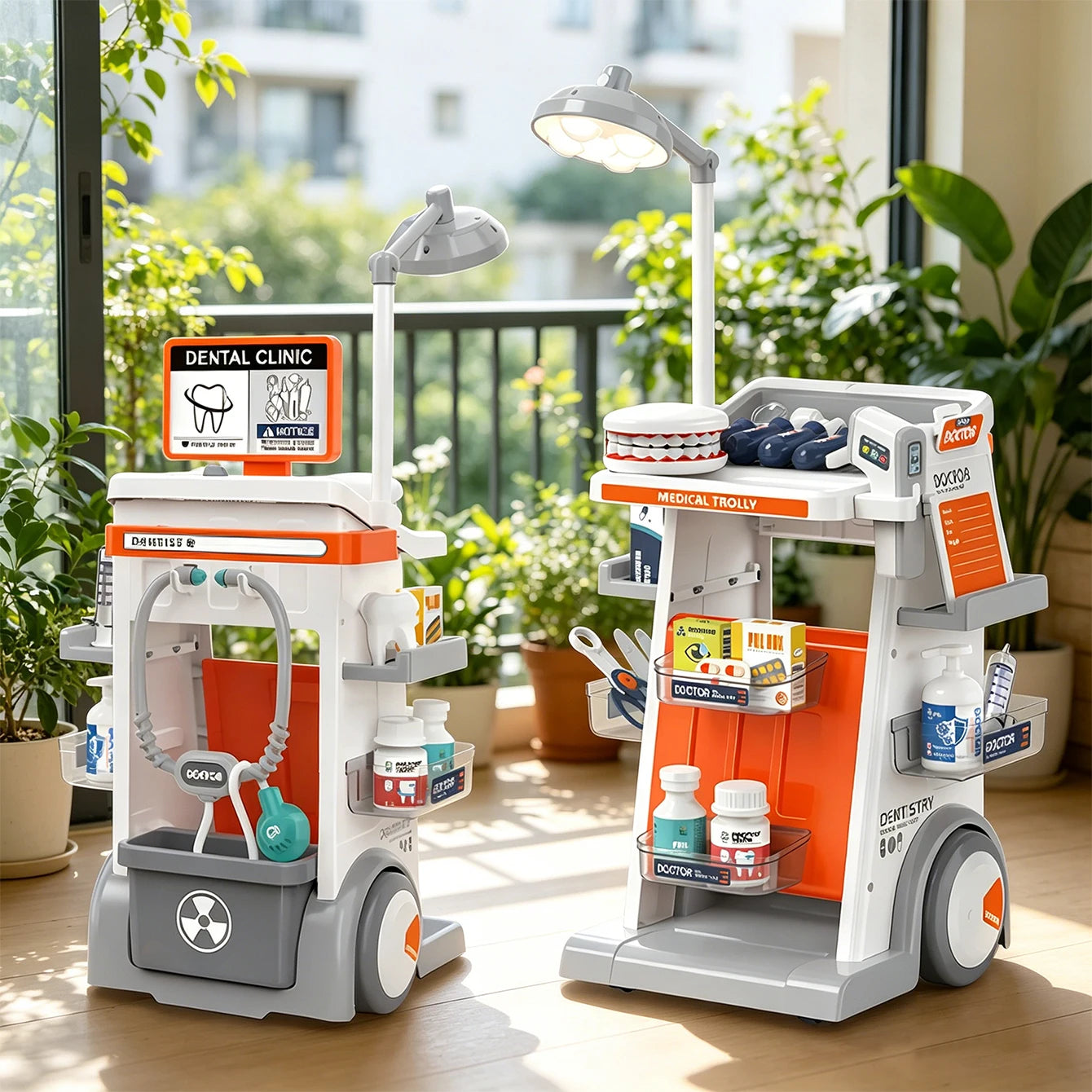 Children's dental cart toy pretend play doctor game stethoscope oral examination small examination table.