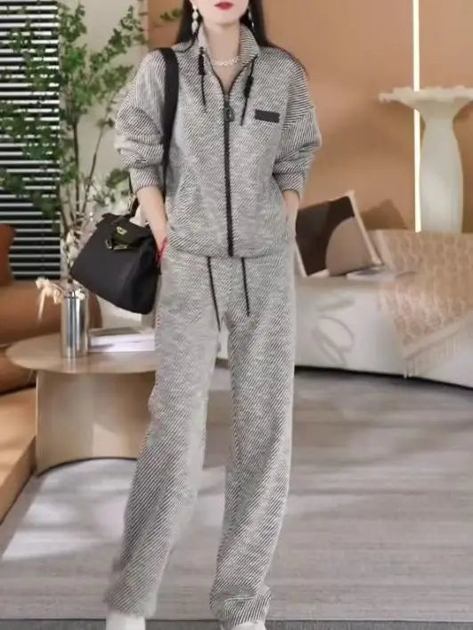 Fashion Casual Striped Top Sports Two-piece Set for Women's Spring and Autumn New Style Loose and Slim Wide Leg Pants Set