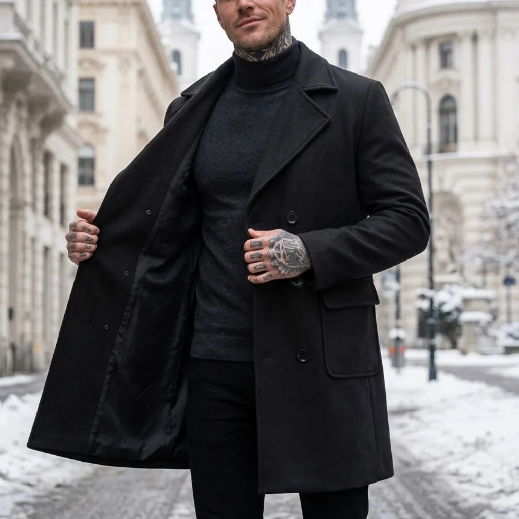 New Winter Men's Double-Breasted Knee-Length Trench Coat Windproof Lined Multi-Pocket Jakcets Business Casual Streetwear Coat