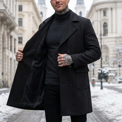 New Winter Men's Double-Breasted Knee-Length Trench Coat Windproof Lined Multi-Pocket Jakcets Business Casual Streetwear Coat