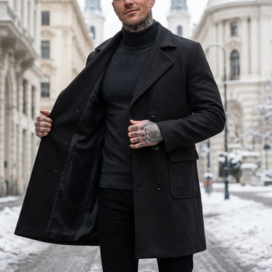 New Winter Men's Double-Breasted Knee-Length Trench Coat Windproof Lined Multi-Pocket Jakcets Business Casual Streetwear Coat
